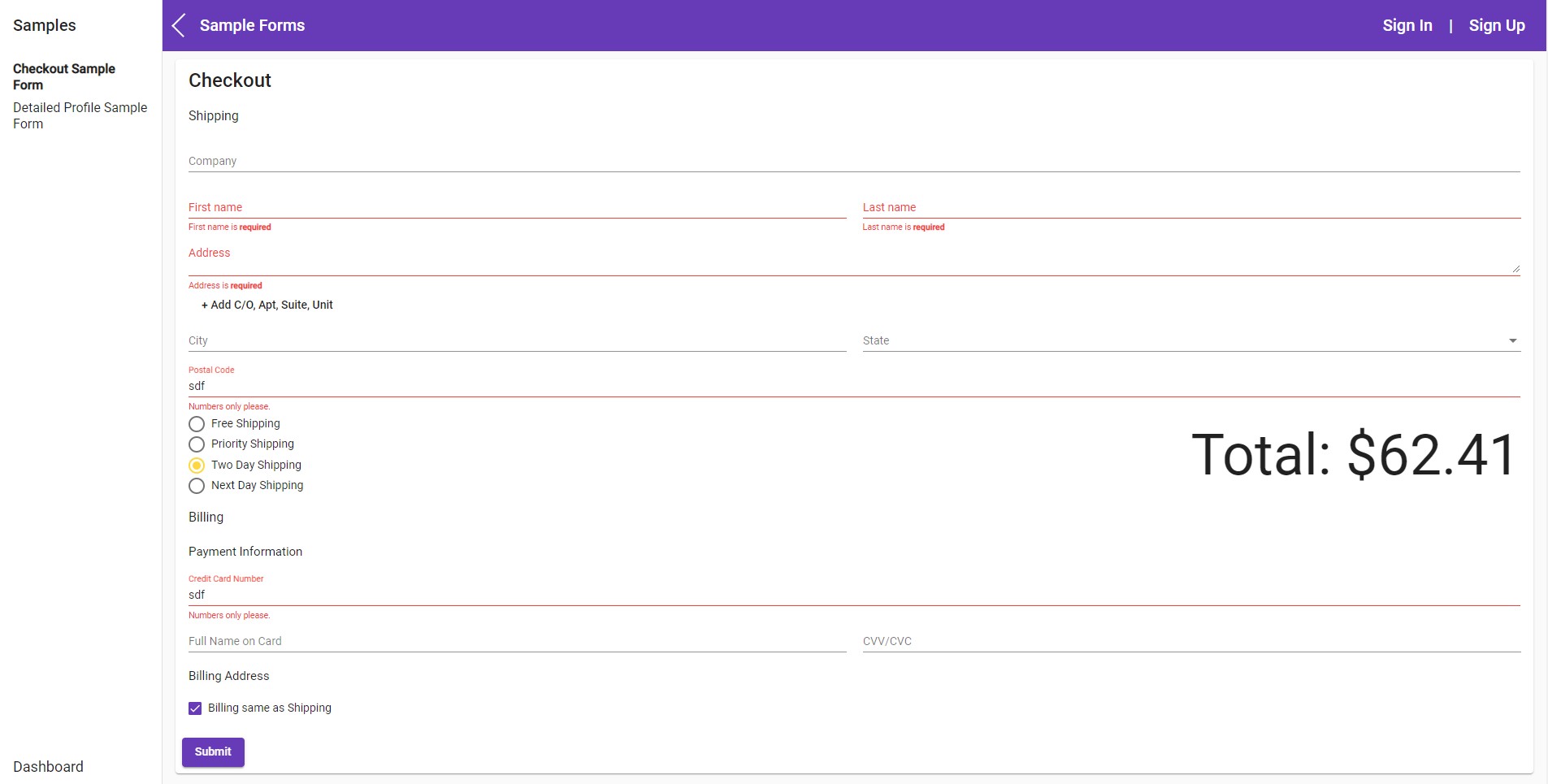 Screenshot of Sample Forms App